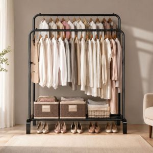 Cabideiro Duplo com Sapateira Arara de Roupas Closet Organizador Ferro Reforçado