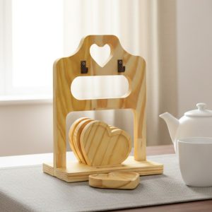 Kit Suporte Para 4 Xicara Cantinho do Café De Madeira Pires Coração Casa Decoração