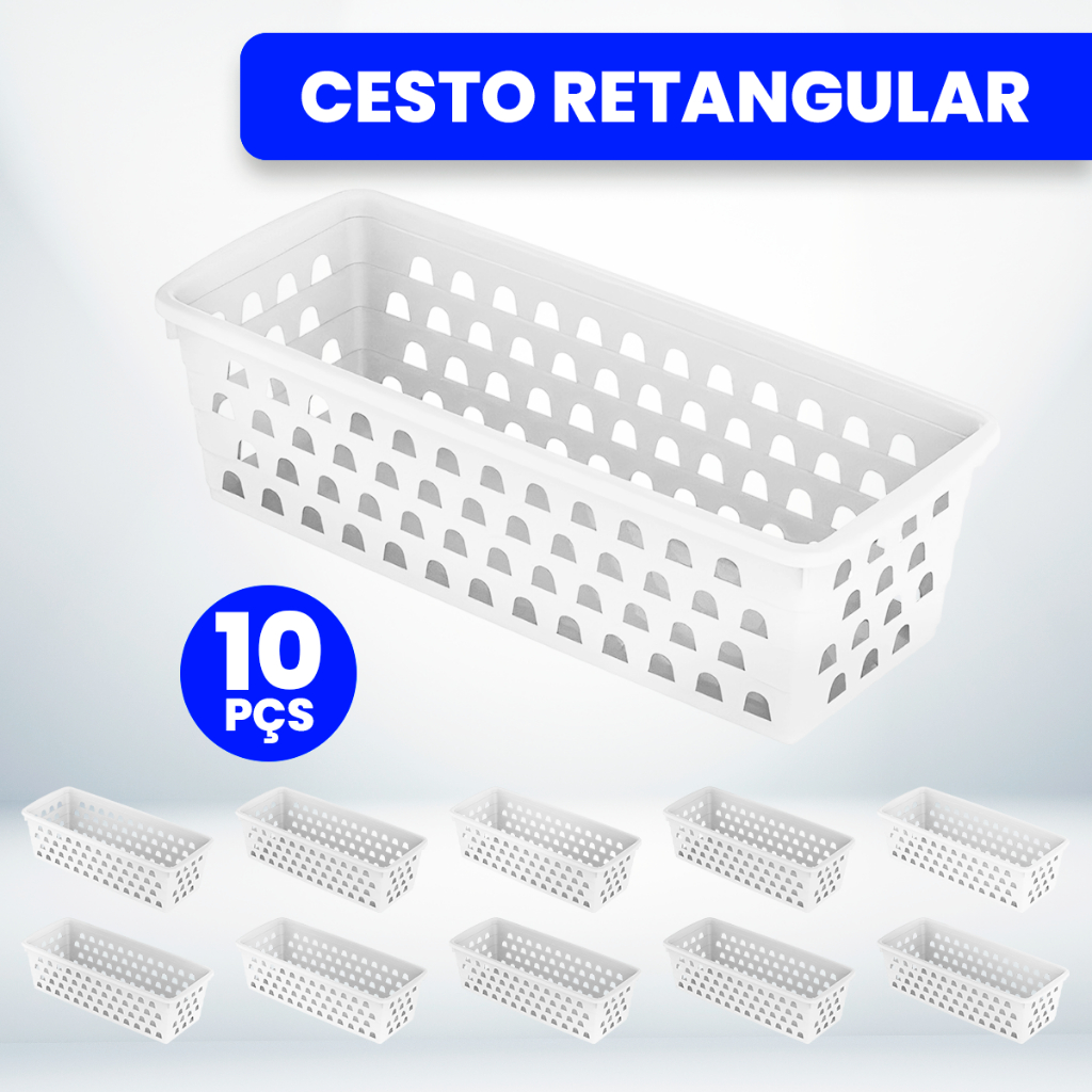 Kit 10 Cestos Organizador Multiuso 28x11x8cm Branco