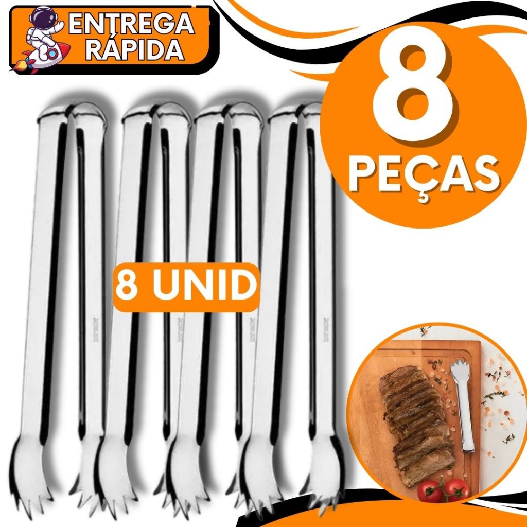 KIT JOGO 8 Pegador de Carne 12 cm Gelo Fruta Frios Inox Resistente Utensilio Multiuso para Cozinha Bares Restaurante