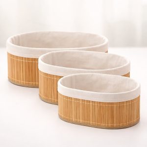 Kit 3 Cestos Organizadores Bambu Natural Multiuso Com Forro Removível Para Armário Closet