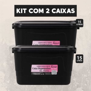 Kit Com  2 Caixas Organizadoras  15 Litros Com Tampa Vedaçaõ Organização  Cor Preta Black Elegante Linha Multibox