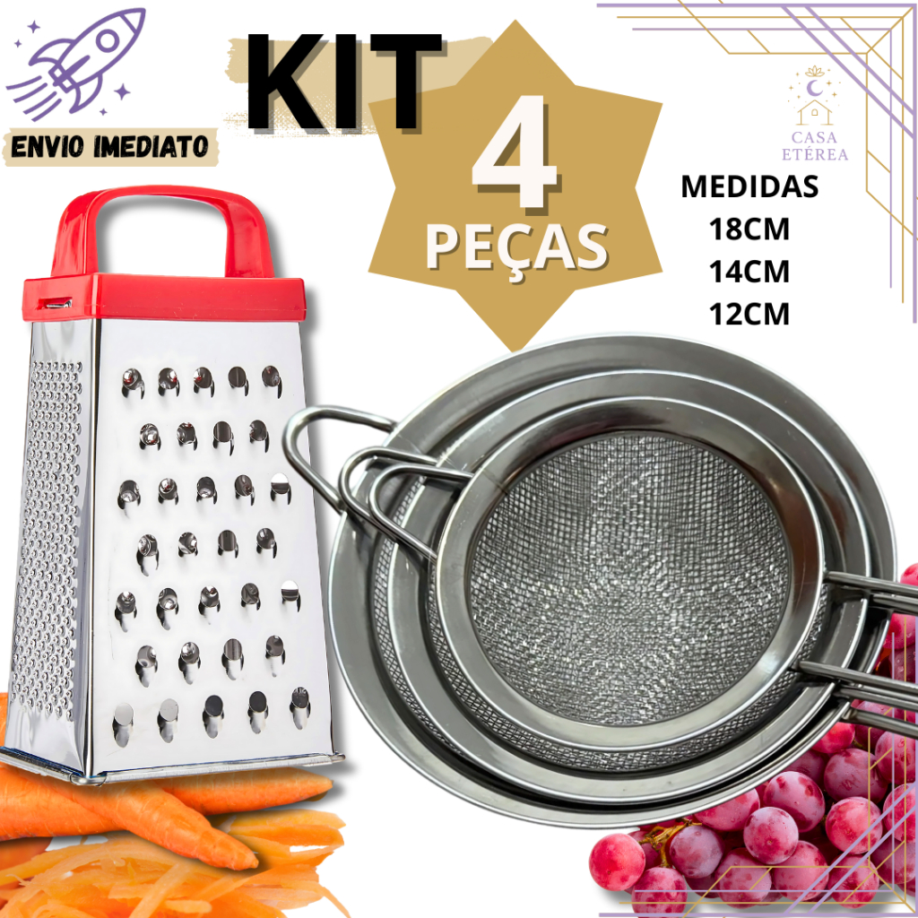 Kit 4 Peneiras Inox com Ralador 4 Faces para Bolos Pães Queijo Confeitaria Cozinha Restaurante