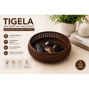 Tigela Grande Decorativa Multiuso Organizador de Mesa Porta Chaves Frutas Joias Objetos em Rattan Moderno