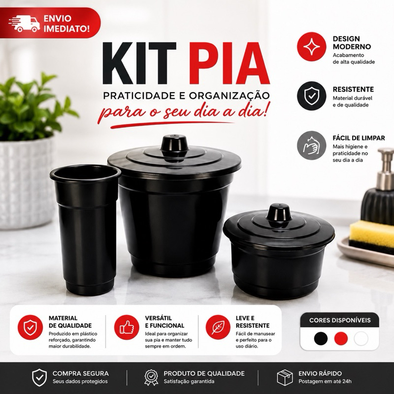 Kit Pia 3 Peças Organizador Plástico Para Cozinha Com Cesto Lixo Porta Esponja e Porta Detergente