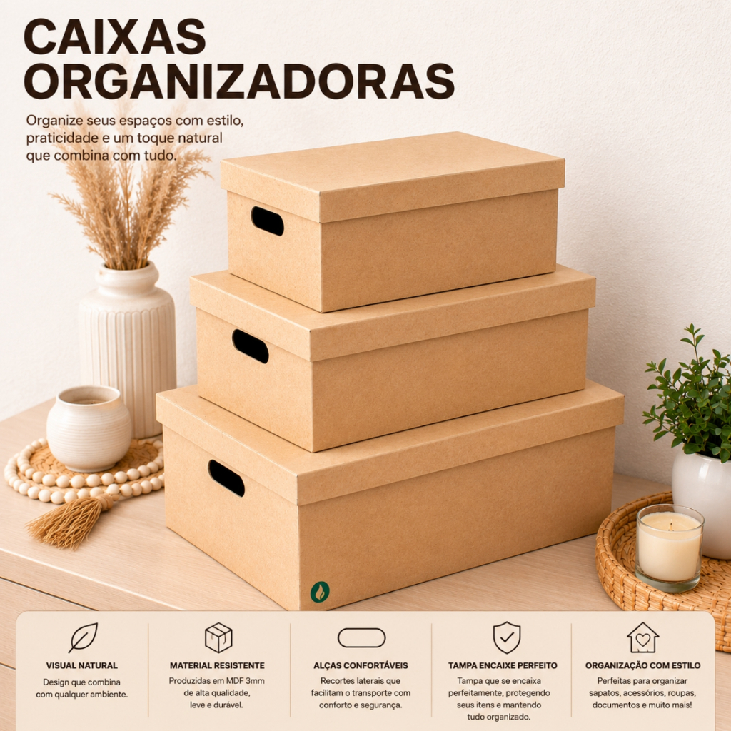 Caixa Organizadora MDF com Tampa Vazado Laser Estilo lisa Multiuso Guarda Roupa Closet Premium Box