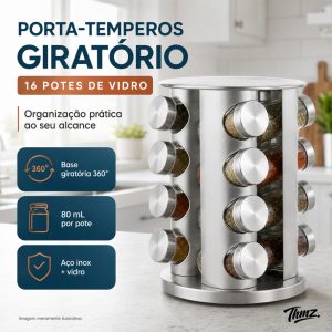 Porta Tempero Condimentos INOX 16 Potes Vidro Base 360° Cozinha Giratório Premium