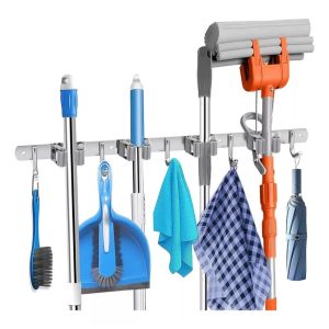 Suporte Inox De Parede 9 Ganchos Porta Vassoura Mop Rodo Utensílios de Limpeza