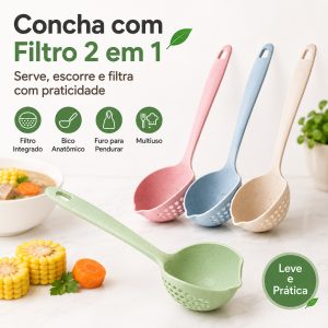 Concha com Filtro 2 em 1 para Sopa e Caldos, Escumadeira Escorredora Multiuso com Cabo para Pendurar