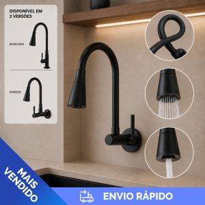 Torneira Cozinha Bancada/Parede Gourmet Preta Flexivel 2 Jatos 1/4 de volta para mesa pia bancada parede e mármore
