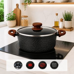 Panela Cerâmica Antiaderente Preta 16cm 18cm 20cm Indução Caçarola Tampa Vidro Premium