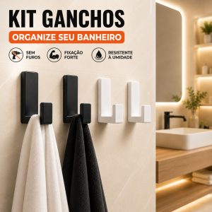Cabide Gancho Adesivo de Parede com Fita Dupla Face 3M para Toalhas Banheiro Cor Preto Branco Porta