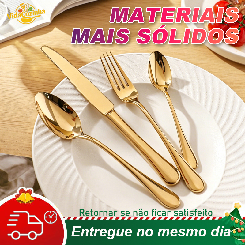 Dourado Talheres de Aço Inox Garfo Colher Faca Colher De Mesa