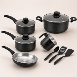 Jogo de Panelas 5 Peças MARF Tampa de Vidro + Kit Espátulas | Cozinha Completa para o Dia a Dia | Praticidade, Economia