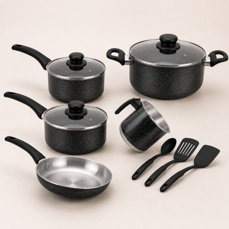 Jogo de Panelas 5 Peças MARF Tampa de Vidro + Kit Espátulas | Cozinha Completa para o Dia a Dia | Praticidade, Economia