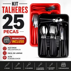 Kit Talheres Inox 25 Peças com Organizador Porta Talheres Aço Inoxidável Cozinha