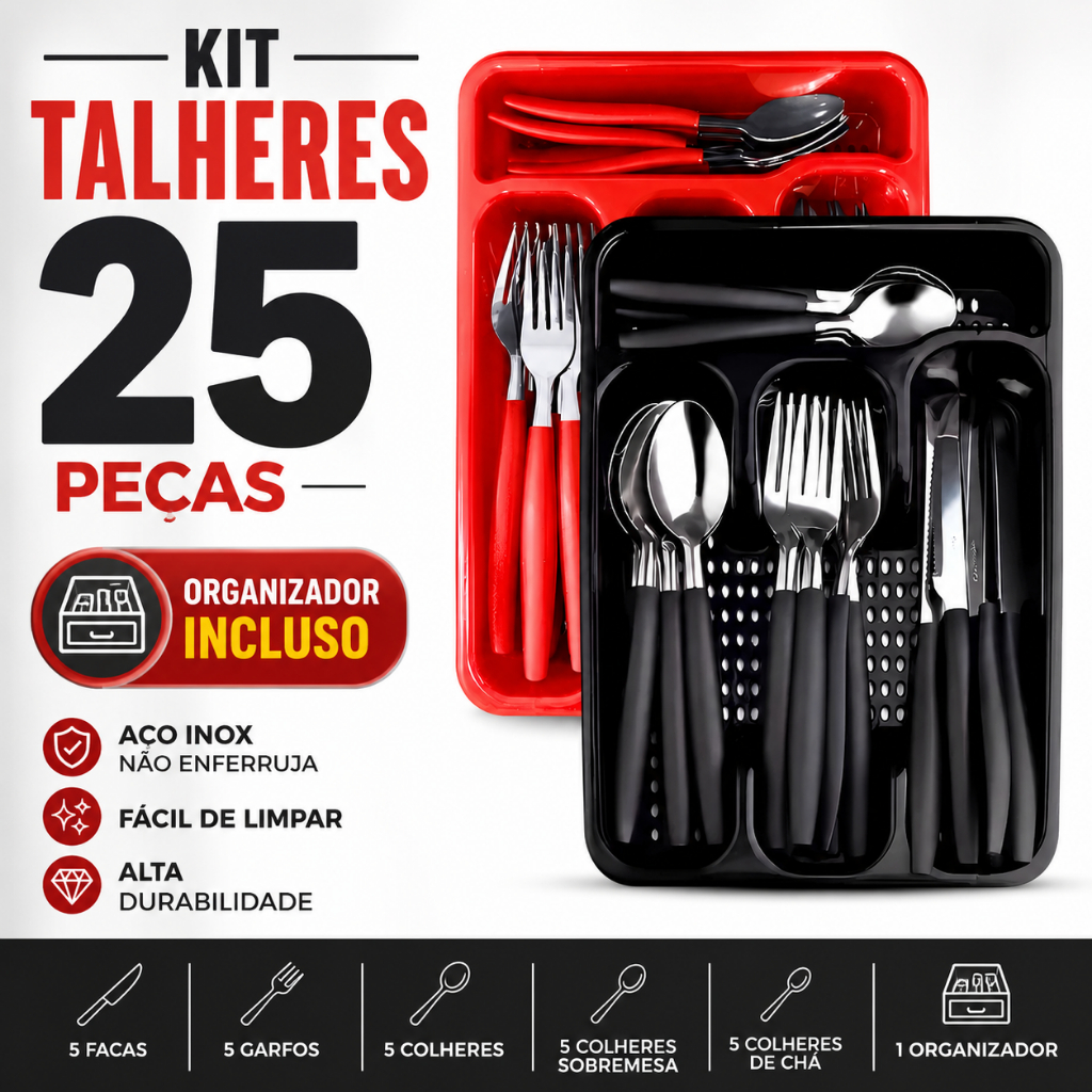 Kit Talheres Inox 25 Peças com Organizador Porta Talheres Aço Inoxidável Cozinha
