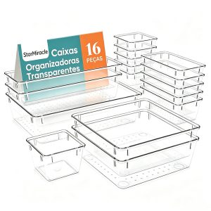 Conjunto 16 Caixa Organizadores Multiuso para Gavetas, Armários, Geladeiras Potes Transparente-R3