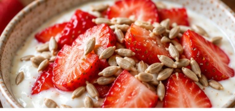 Bowl de iogurte com morango e sementes - receita low carb