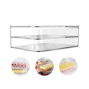 Porta Frios Acrílico Cristal Duplo Tampa 1L Empilhável Organizador Geladeira Pote Presunto Queijo