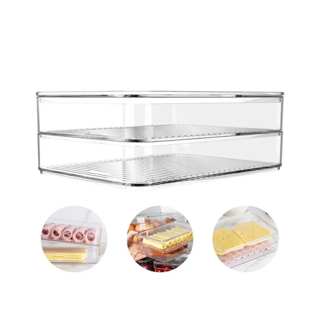 Porta Frios Acrílico Cristal Duplo Tampa 1L Empilhável Organizador Geladeira Pote Presunto Queijo