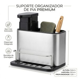 Escorredor Dispenser Detergente Suporte Inox PortaTalhares Esponja Bucha Detergente Pia Cozinha