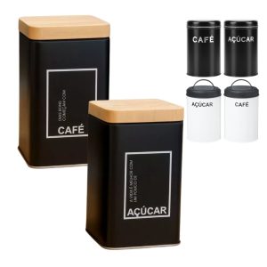 Jogo De Latas Para Açúcar e Café Potes Em Metal Organizador De Mantimentos Cozinha