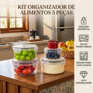 Kit 5 Potes Herméticos Redondos Plástico PP Organizador de Geladeira e Marmita Livre de BPA Pote com Trava Seguro