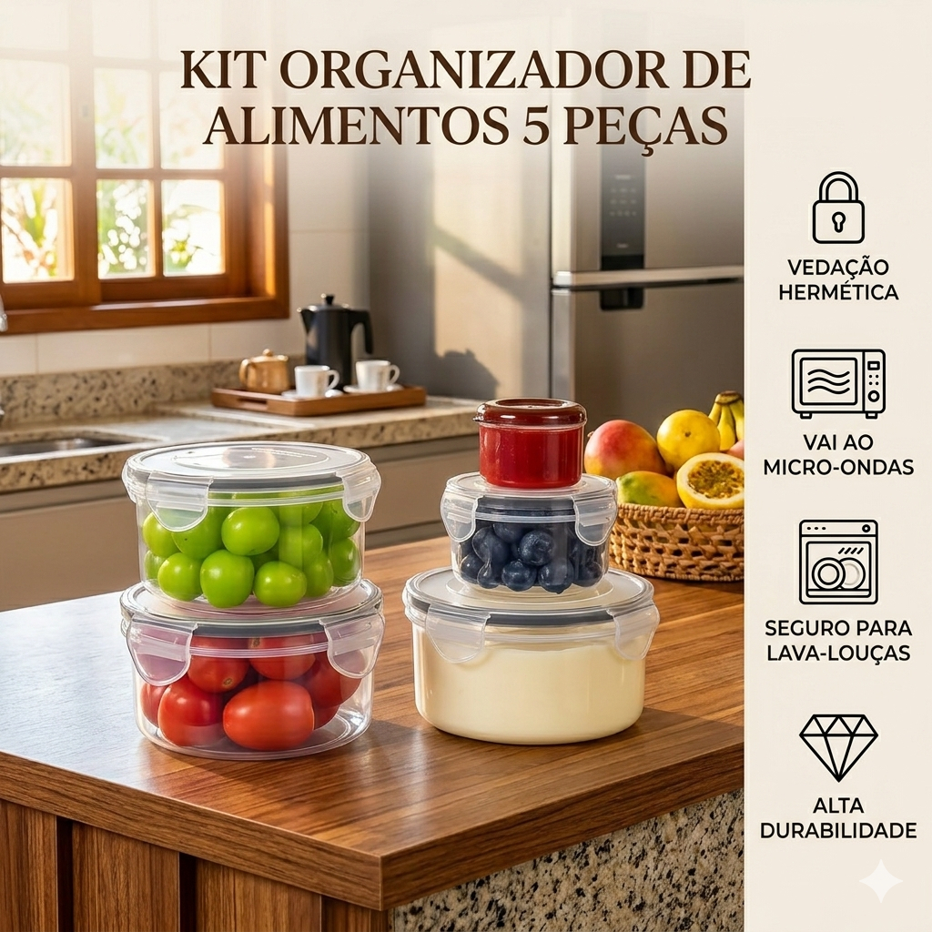 Kit 5 Potes Herméticos Redondos Plástico PP Organizador de Geladeira e Marmita Livre de BPA Pote com Trava Seguro
