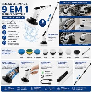 Kit Escova Elétrica de Limpeza Recarregável 9 em 1 Sem Fio com Cabo Extensor Rotação 360°