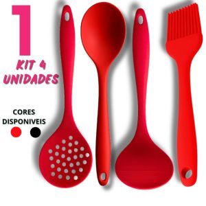 Jogo de Utensílios em Silicone Premium | Kit 4 Culinárias Vermelho e Preto