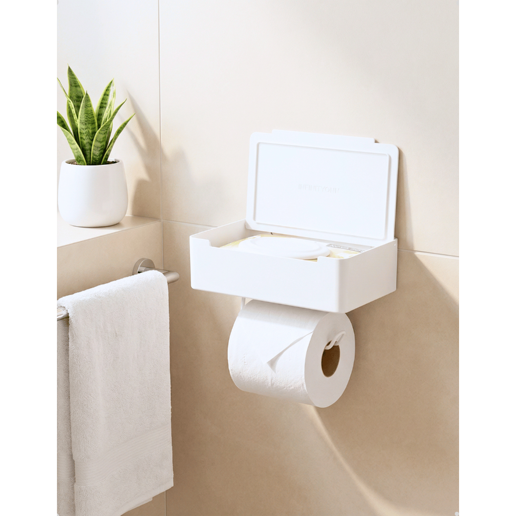 Suporte Organizador 3 em 1 para Papel Higiênico Lenço e Celular com Fita 3M Branco Premium Arthi