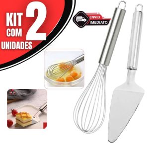 Kit Fouet Batedor de Arame + Espátula de Bolo Cozinha Confeitaria Inox