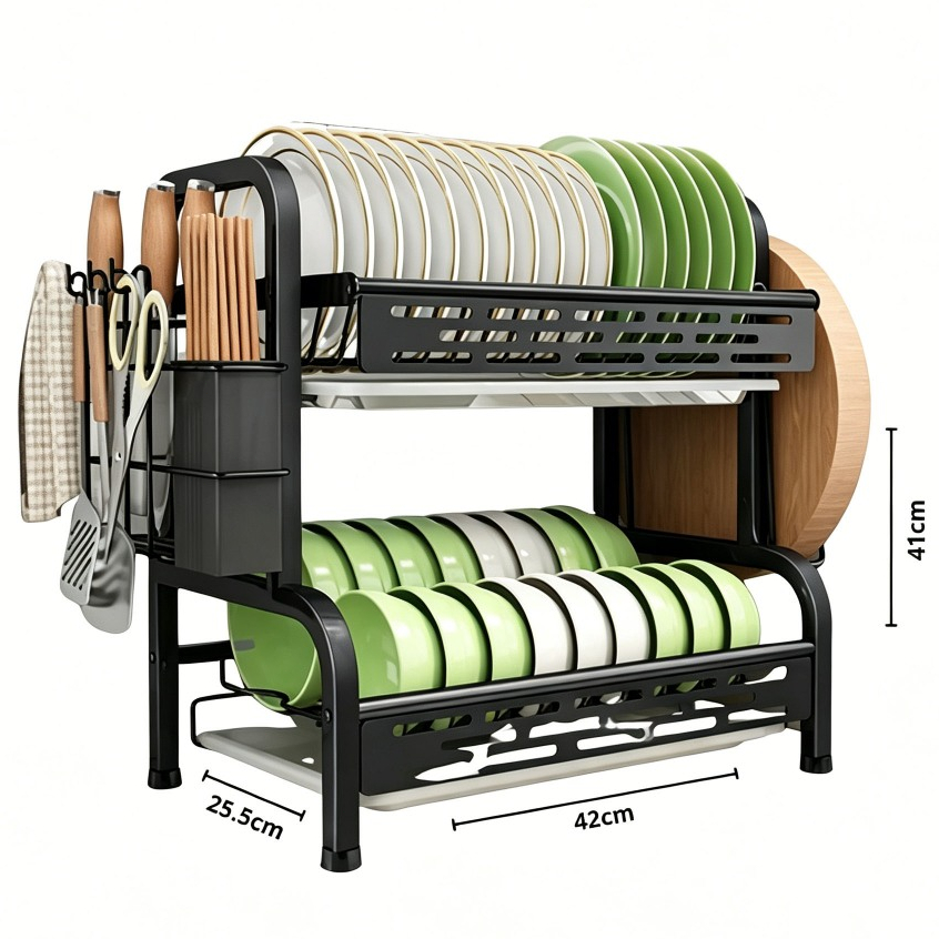 Escorredor de Louças 2 Andares 43x53cm - Organizador em Aço Inoxidável Preto para Cozinha