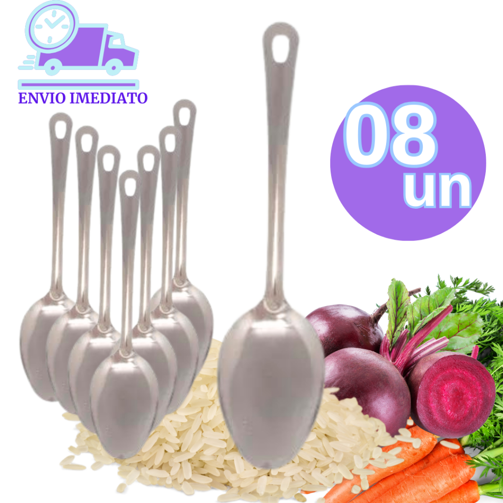 Kit 8 Colher Arroz Inox 25,4 cm Premium Durável Alta Qualidade para Uso Domestico Casas Restaurante Buffet