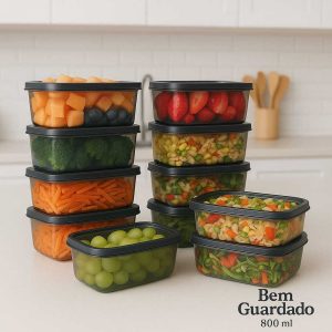 Kit 10 Potes Retangulares 800ml Fumê com Tampa – Marmita Fitness – Livre de BPA e Reutilizável