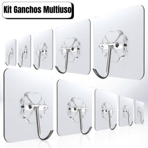 KIT Até 20 Kit Ganchos Adesivos Transparentes Multiuso Doméstico – Suporte Forte para Parede, Cozinha e Banheiro Casa ar
