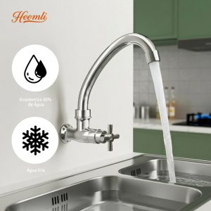 Torneira de Cozinha Heemli Monocomando de Parede com Tubo Curvo Água Fria ABS Cromado com Aerador Economizador