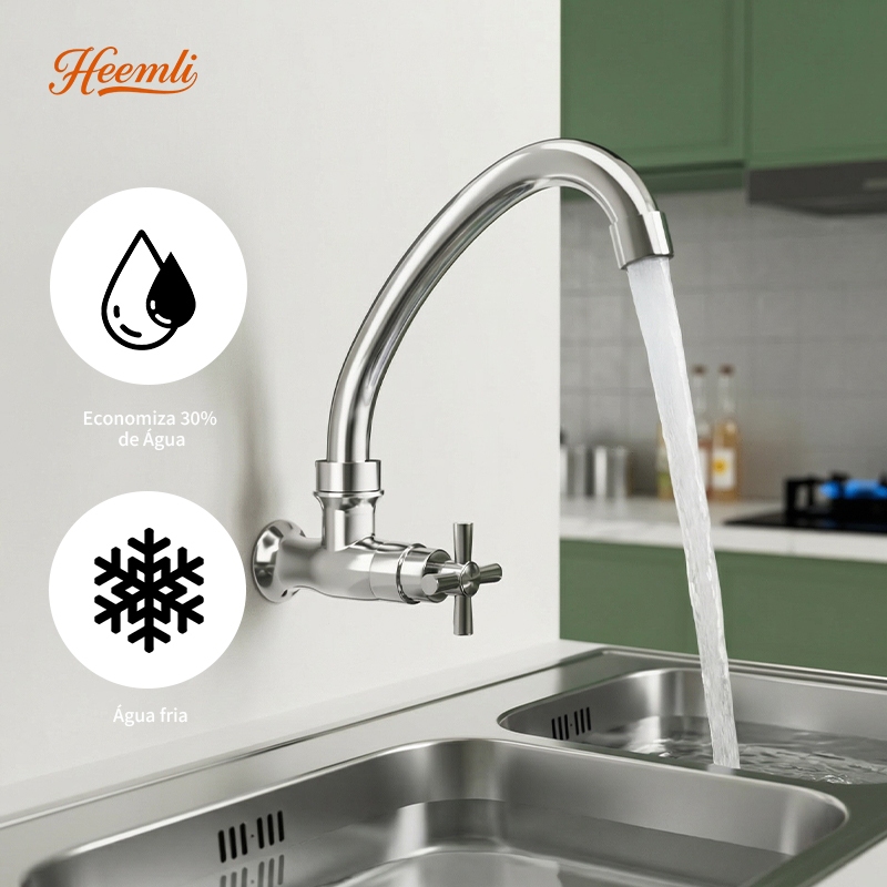 Torneira de Cozinha Heemli Monocomando de Parede com Tubo Curvo Água Fria ABS Cromado com Aerador Economizador