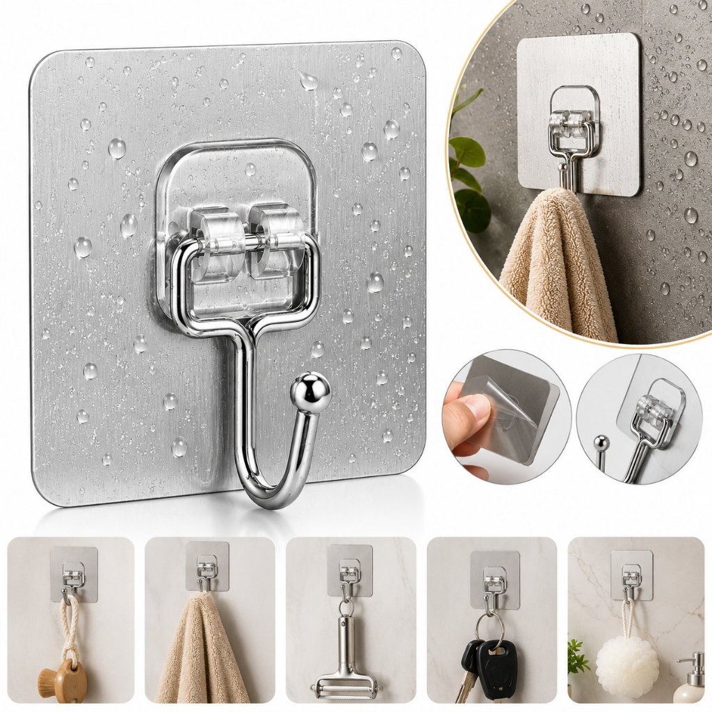 Kit Ganchos de Parede Autocolantes Inox para Organização Doméstica