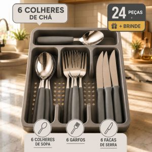Jogo Talheres 24 Peças Aço Inox com Suporte Organizador de Brinde Prático