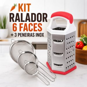 Kit Ralador Inox 6 Faces Multiuso com 3 Peneiras Coador Aço Inox para Cozinha