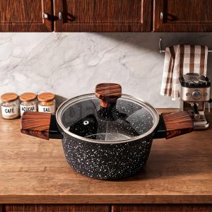 Panela Cacarola Ceramica Antiaderente Inducao Gas 4L Grossa 24cm Preta Cabo Amadeirado Tampa Vidro Saudavel