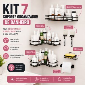 Kit 7 Suporte Organizador de Banheiro Box Suspenso De Metal Rack De Parede Banheiro Cozinha