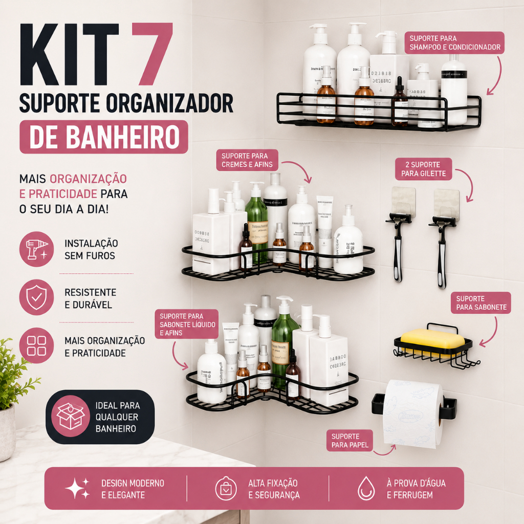Kit 7 Suporte Organizador de Banheiro Box Suspenso De Metal Rack De Parede Banheiro Cozinha