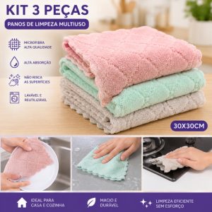 Kit 3 Toalhas Microfibra Limpeza Automotiva Casa Cozinha 30x30cm
