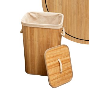 Cesto Organizador Multiuso de Bambu C/Tampa Alças Corda Para Roupas Lavanderia