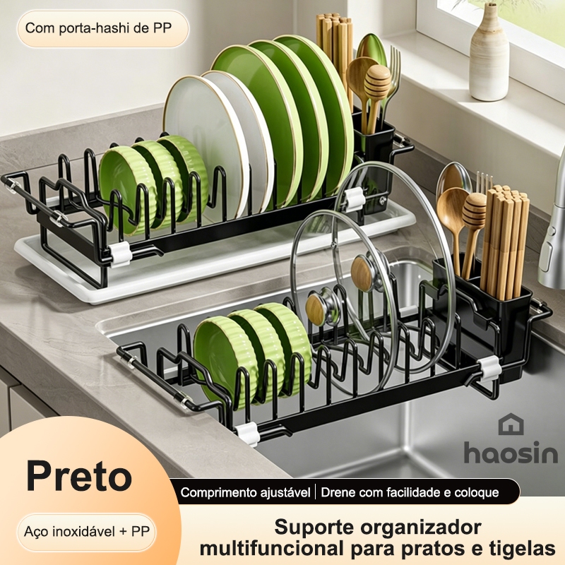 Escorredor de Louça Ajustável 35-42cm c/ Porta Talheres Aço Carbono Preto