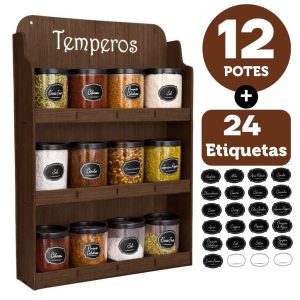 Porta Temperos Com 12 Potes Prateleira Organizadora De Condimentos Suporte Tempero Com Etiquetas MDF