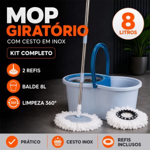Mop Giratorio Com cabo de 140 Cm Cesto Em Inox 2 Refis - Balde com Centrífuga 8L e Cabo Reforçado